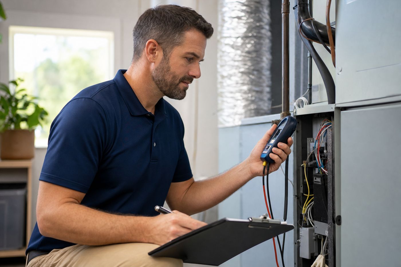 AirWatt technician inspecting an HVAC unit during a home energy audit