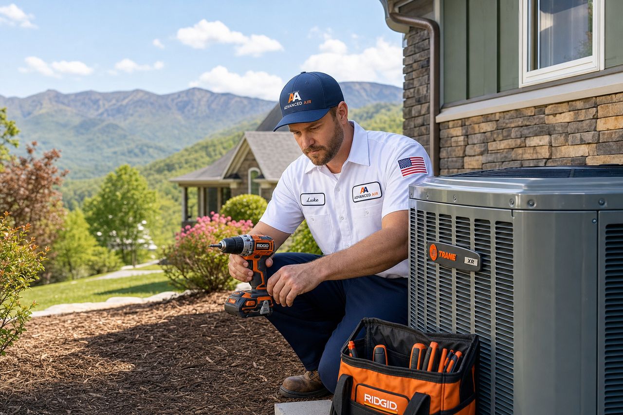 AirWatt HVAC technician servicing a home air conditioning unit in Western North Carolina